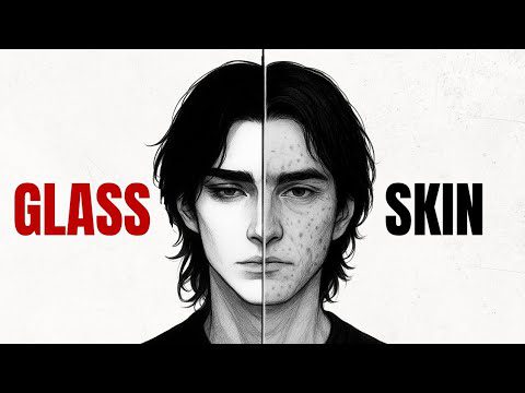 Jauno vyro veidas perpjautas; kairėje lygi oda su žodžiu GLASS, dešinėje spuogai su žodžiu SKIN.