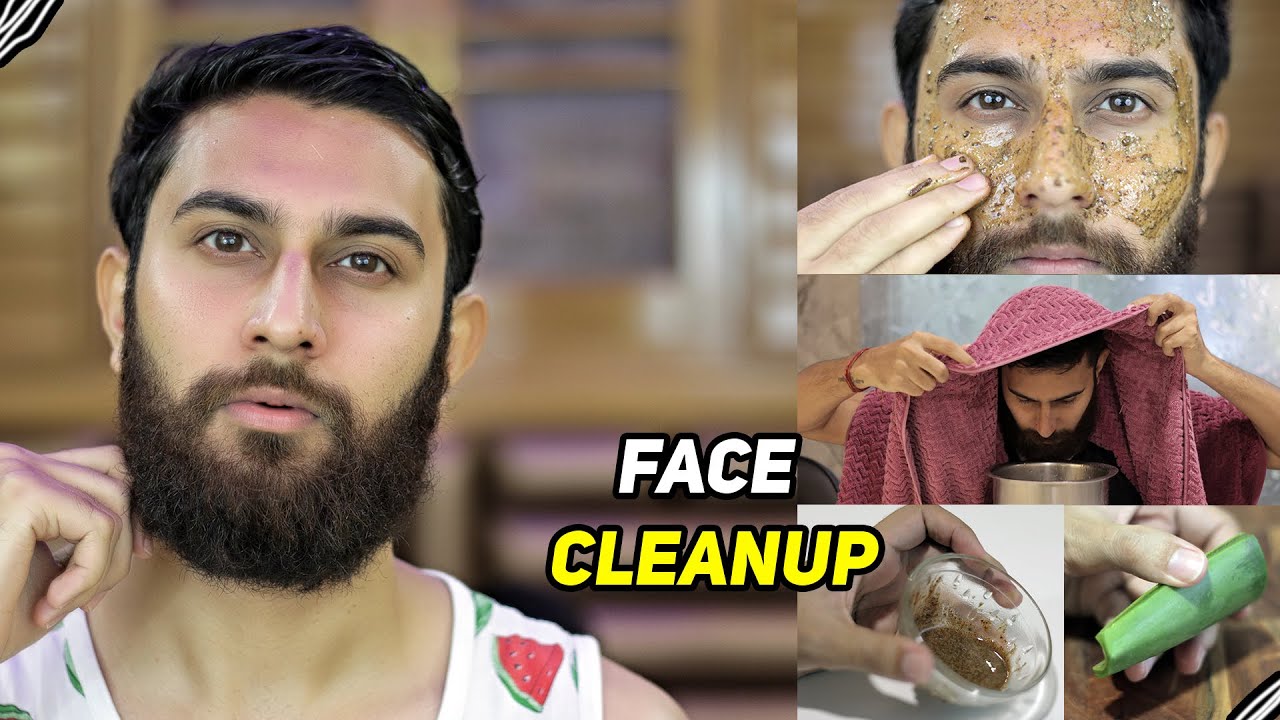 Vyras su barzda ir veido valymo priemonėmis, žingsniai parodomi šalia.