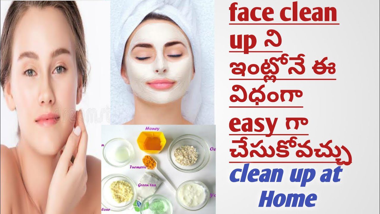 moteris su veido kauke ir natūraliomis odos priežiūros priemonėmis, užrašas „clean up at Home“