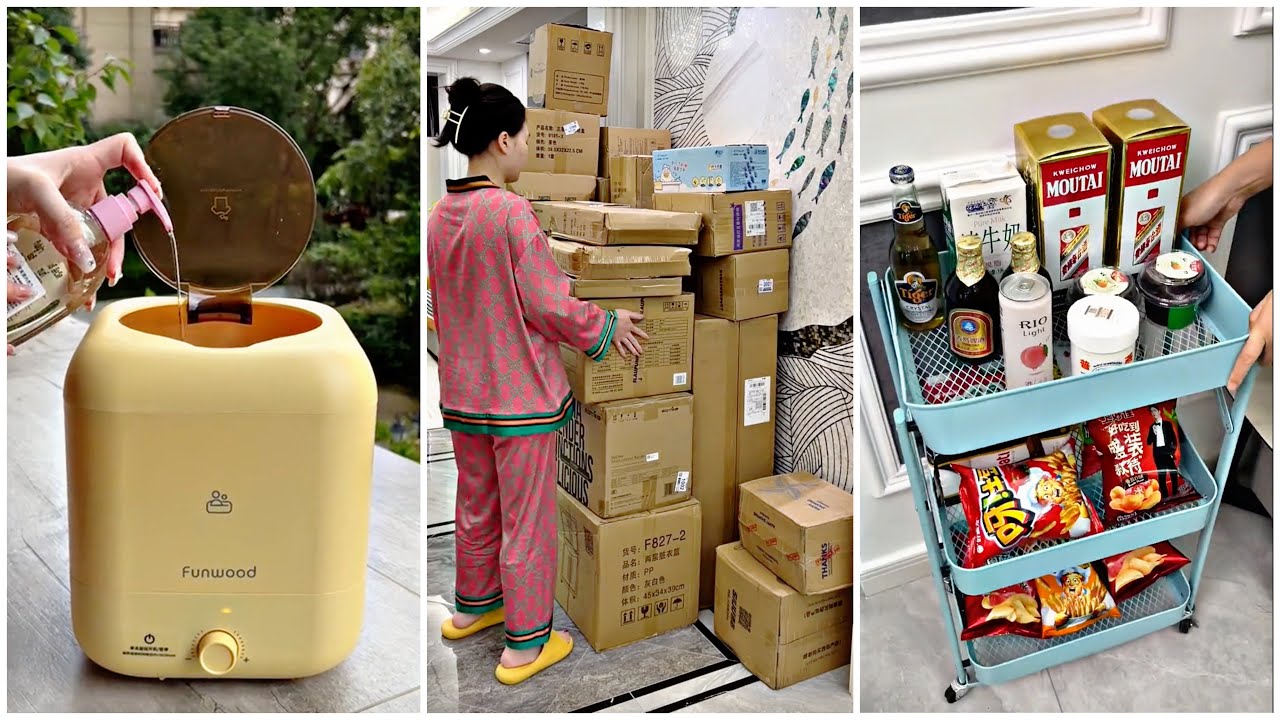 kairėje drėkintuvas su pilamu vandeniu, centre moteris šalia daug siuntų dėžių, dešinėje vežimėlis su gėrimais ir užkandžiais