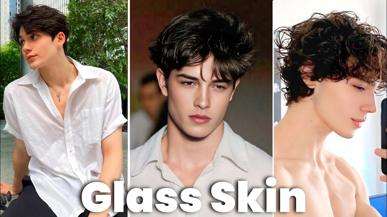 Trijų jaunuolių portretai su švelnia, lygią oda ir užrašu „Glass Skin“ apačioje.
