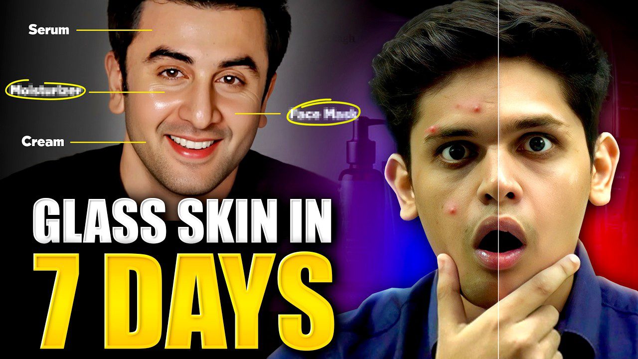 dvi vyriškos veido pusės: dešinė su spuogais, kairė lygi švytinti oda, užrašas „Glass skin in 7 days“