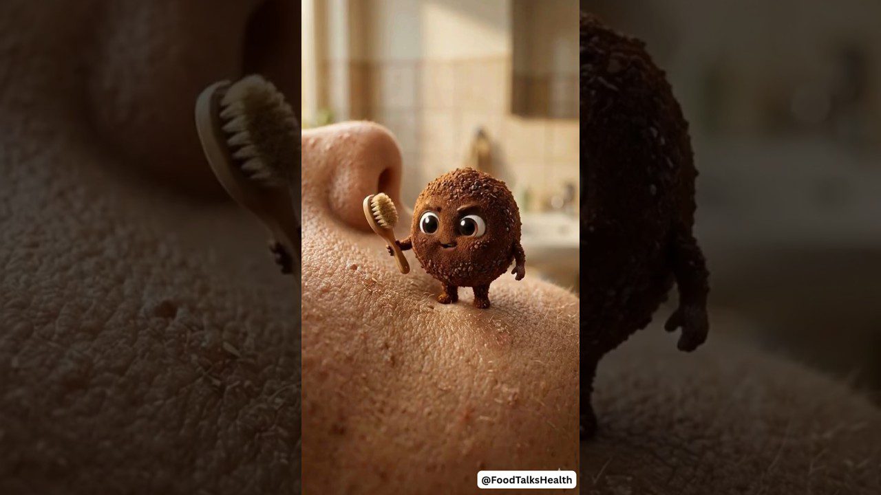 Maža juoda apskrita persona su šepetėliu stovi ant žmogaus odos šalia nosies.