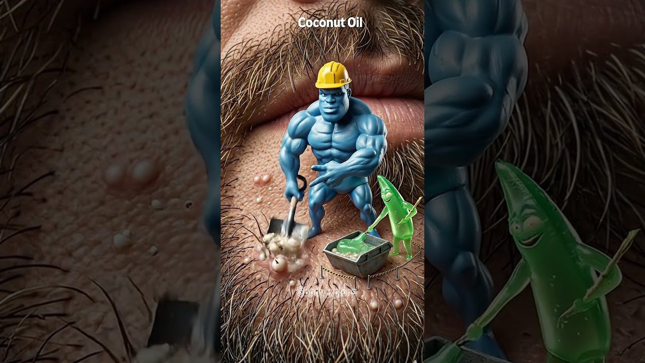 Didelis mėlynas statybininkas ir žalias gelis valantys spuogą ant barzdos