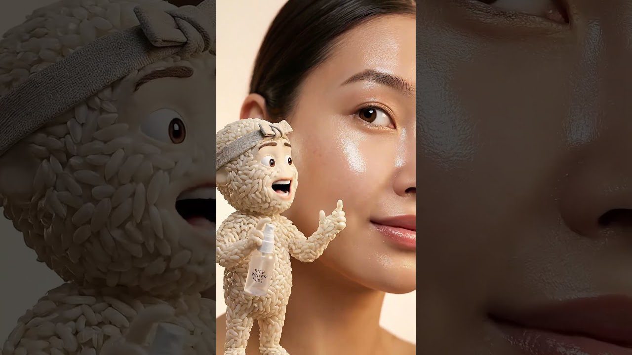 Švytinti moters veido dalis šalia animuoto ryžių personažo, laikantis „Rice Water Mist“ purškiklį