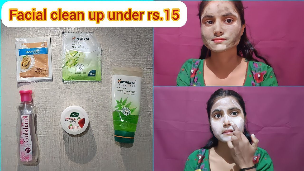 Mergina tepasi veido kaukę, šalia keli pigių veido priežiūros priemonių ir užrašas apie valymą.