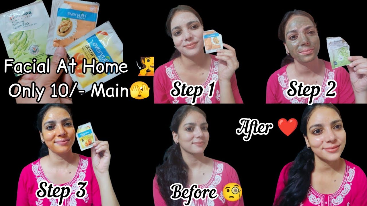 Moteris demonstruoja trijų žingsnių namų veido priežiūros rutiną su pakuotėmis ir rezultatu.