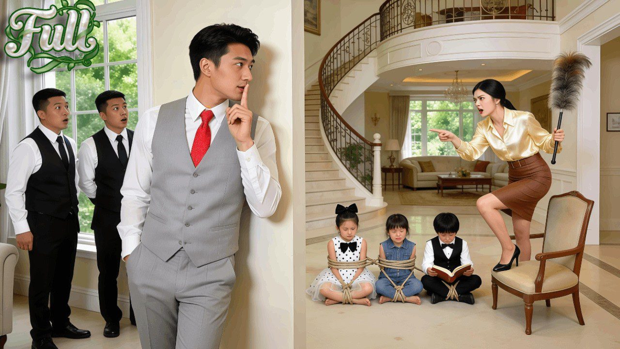 Vyras gestikuliuoja tyliai, moteris įnirtingai rėkia ir trys vaikai surišti ant grindų kambaryje