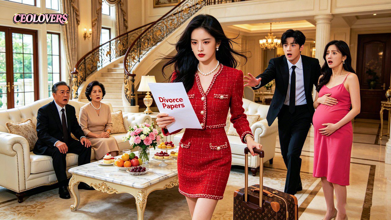 Stilinga moteris raudonais kostiumu išeina su skyrybų dokumentais ir lagaminu, šeima sukrėsta