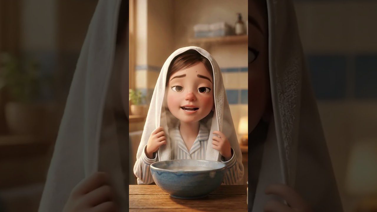 Maža mergaitė su rankšluosčiu ant galvos sėdi prie dubenėlio garuojančio vandens.