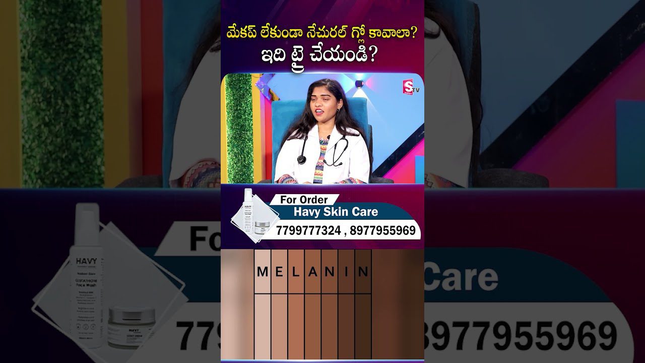 TV laidoje sėdinti moteris gydytojos chalate, apačioje odos atspalvių paletė ir kontaktai.