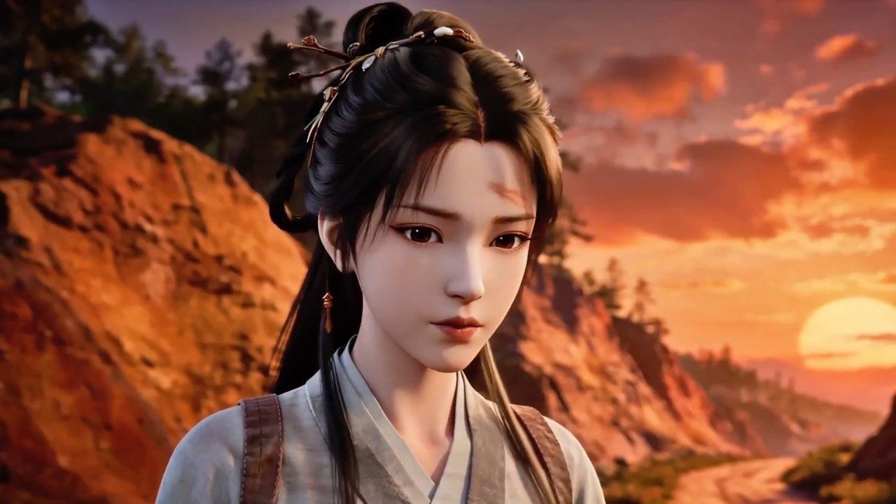 Jauna moteris su tradicine šukuosena ir randu ant kaktos žvelgia prie saulėlydžio slėnio