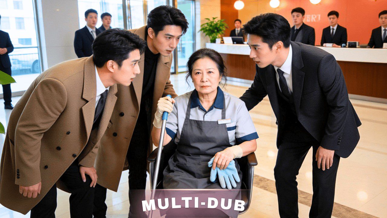 Senjorė valytoja su šluota vežimėlyje, keturi vyrai kostiumuose susikaupę aplink ją, fojė.