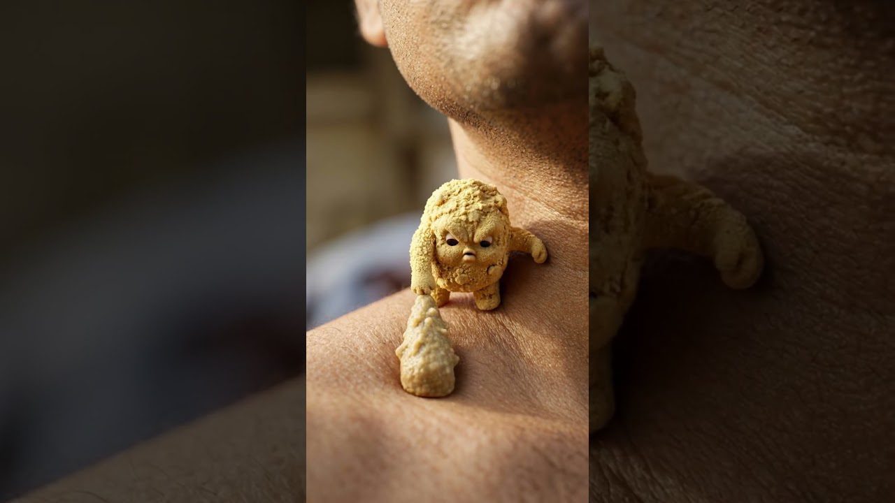 Mažas minkštas lėliukas, primenantis pūkų kamuolį, sėdintis ant žmogaus krūtinės.