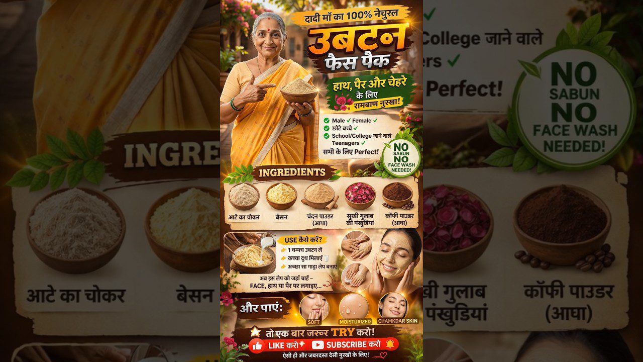 Senjorė Indijos drabužiais laiko dubenį miltų, aplinkais natūralių odos priežiūros ingridientų skydelis.