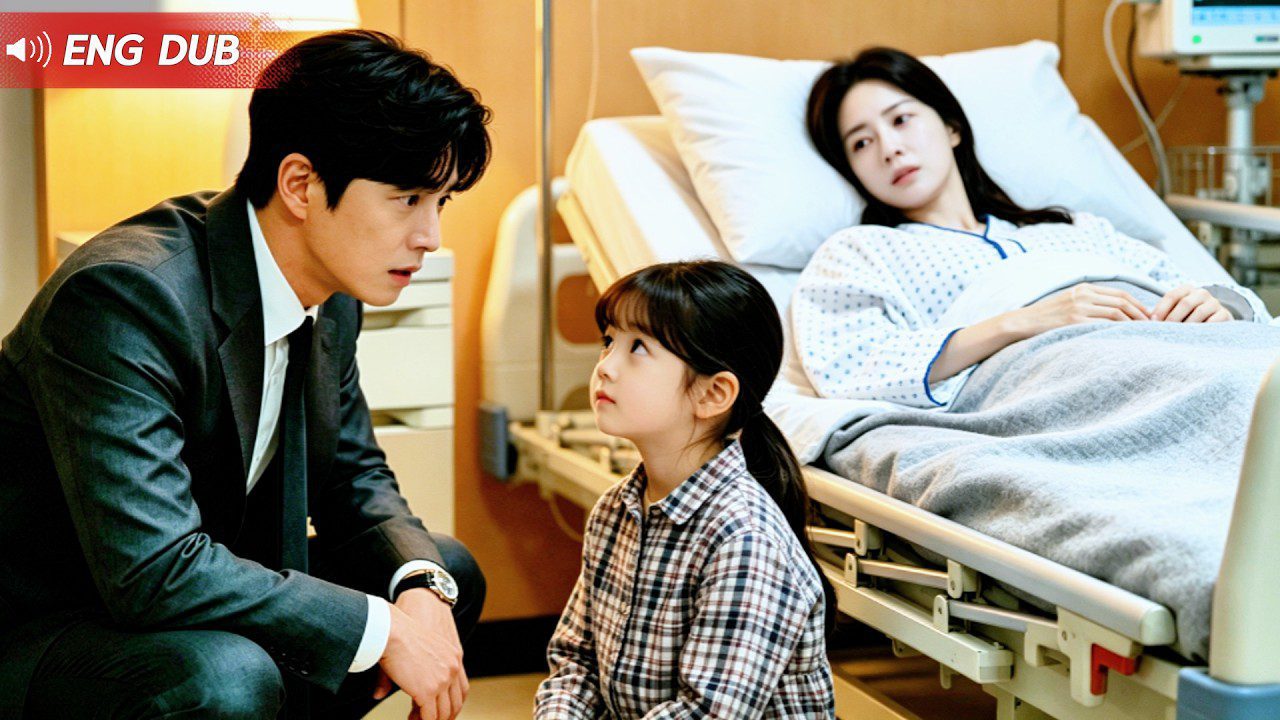 Vyras kostiume kalba su maža mergaite prie ligoninės lovos, gulinti moteris stebi jų.