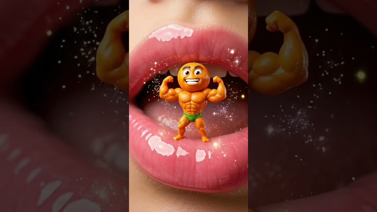 Ryškios lūpos atvertos, viduryje stovintis raumeningas oranžinis emoji žmogeliukas.