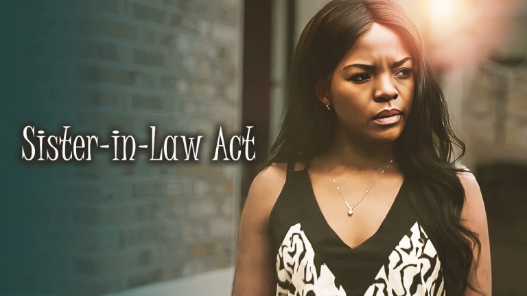 Jauna moteris susiraukusi stovinti prie plytų sienos, šalia užrašas „Sister-in-Law Act“