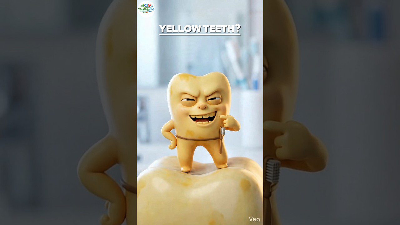 Geltonas dantukas su nesismile užuolaidintu veidu, stovintis ant didesnio danties ir laikantis dantų šepetėlį