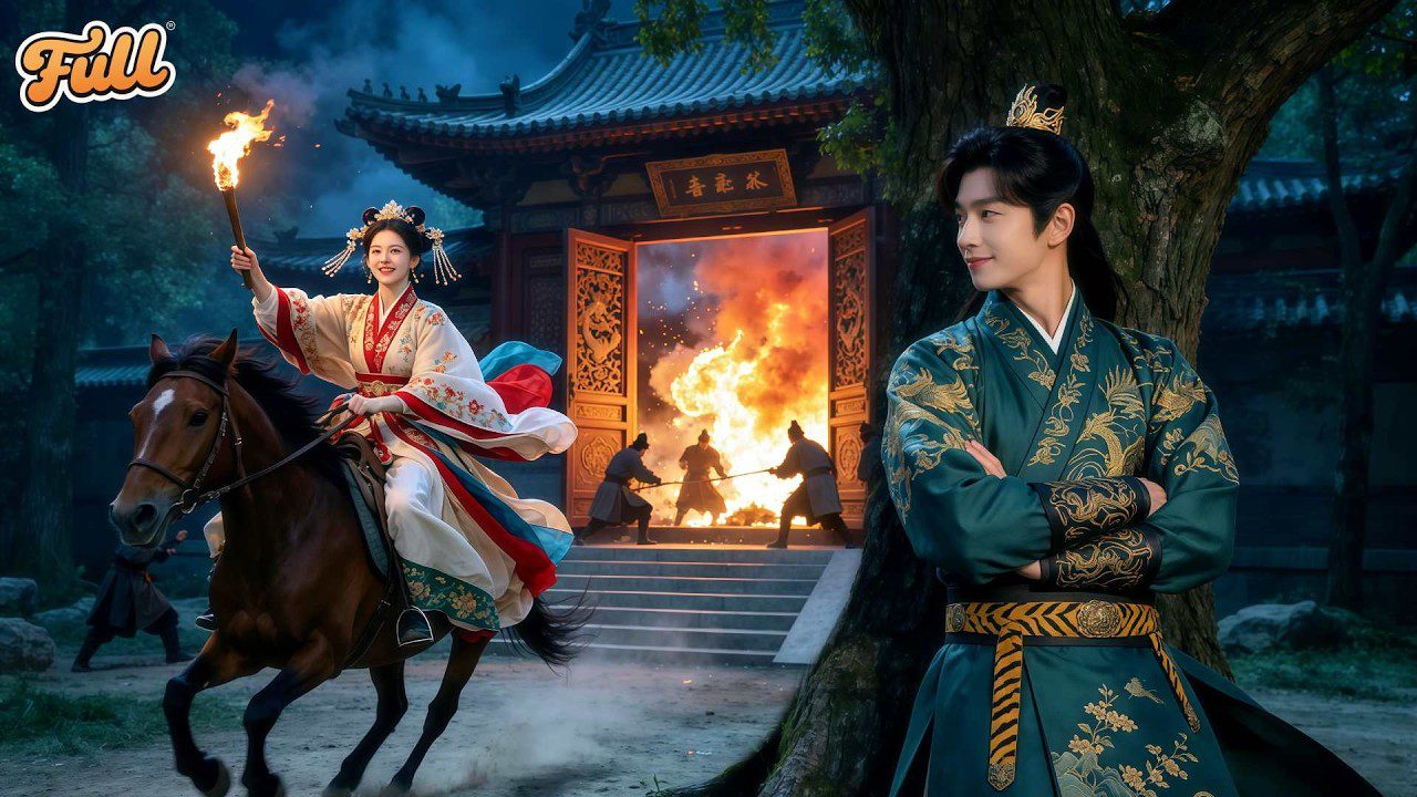 Karališkas vyras žiūri į moterį ant arklio, laikančią degantį fakelą, prie degančių vartų