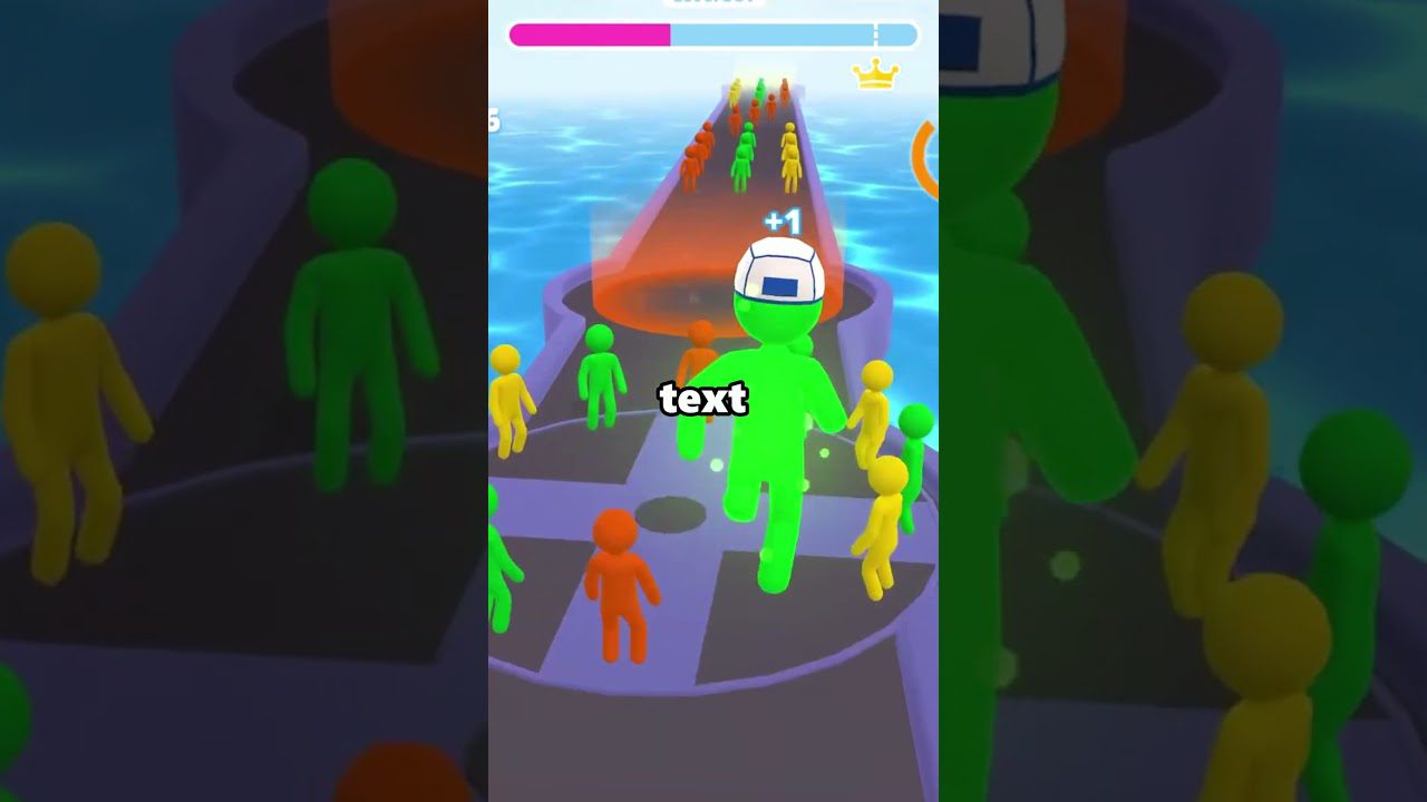 Spalvoti žali, geltoni ir raudoni figūrėlių žaidėjai bėga tiltu link finišo laimės ikonos