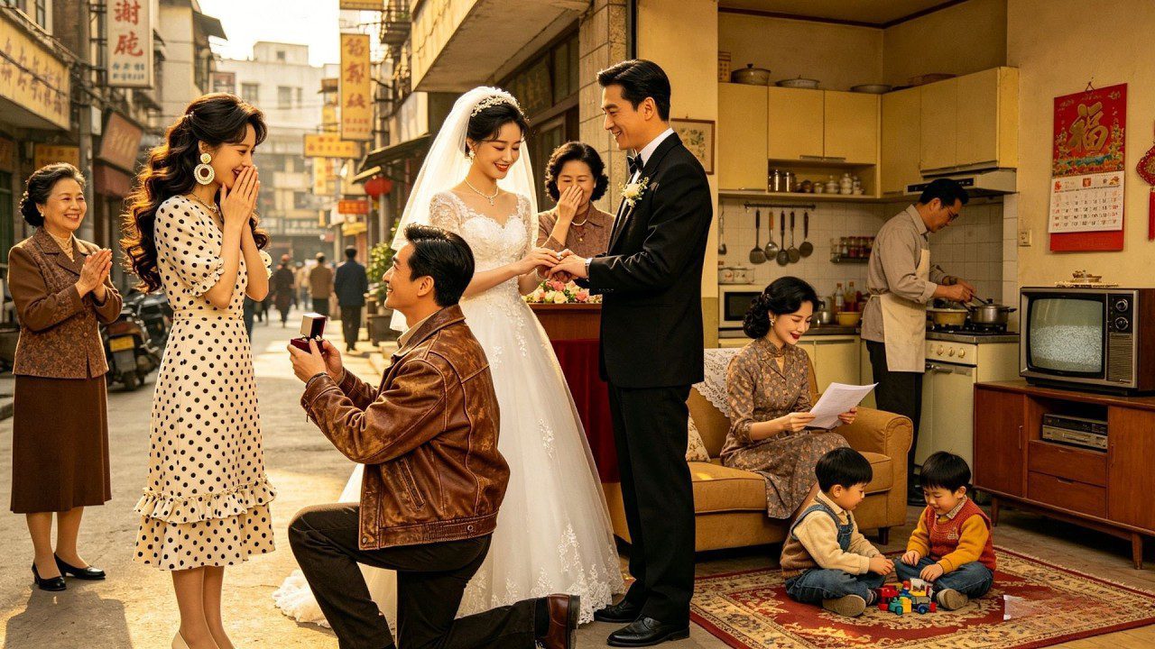 Vestuvių scena gatvėje: jaunavedžiai apsikeičia žiedais, vyras klūpi su žiedo dėžute, šeima džiaugiasi.