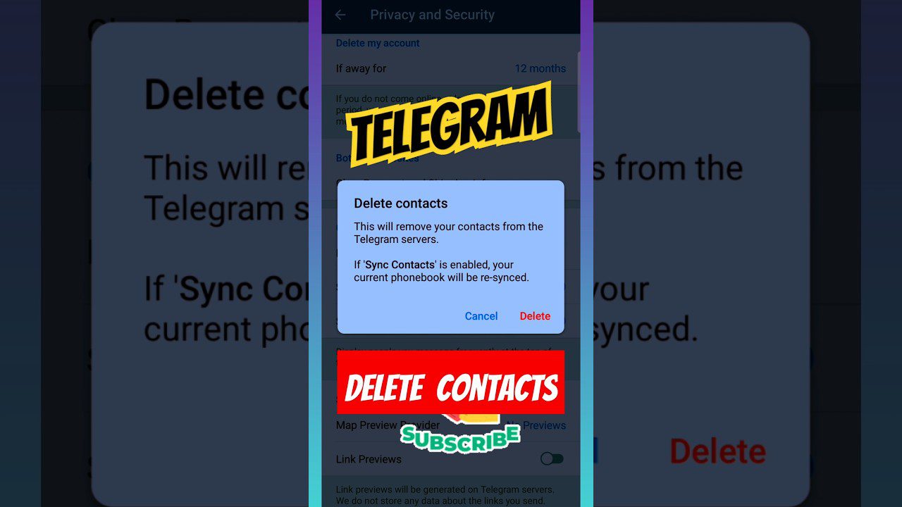 Telegram programos dialogo langas su įspėjimu „Ištrinti kontaktus“ ir mygtukais Atšaukti ir Ištrinti.