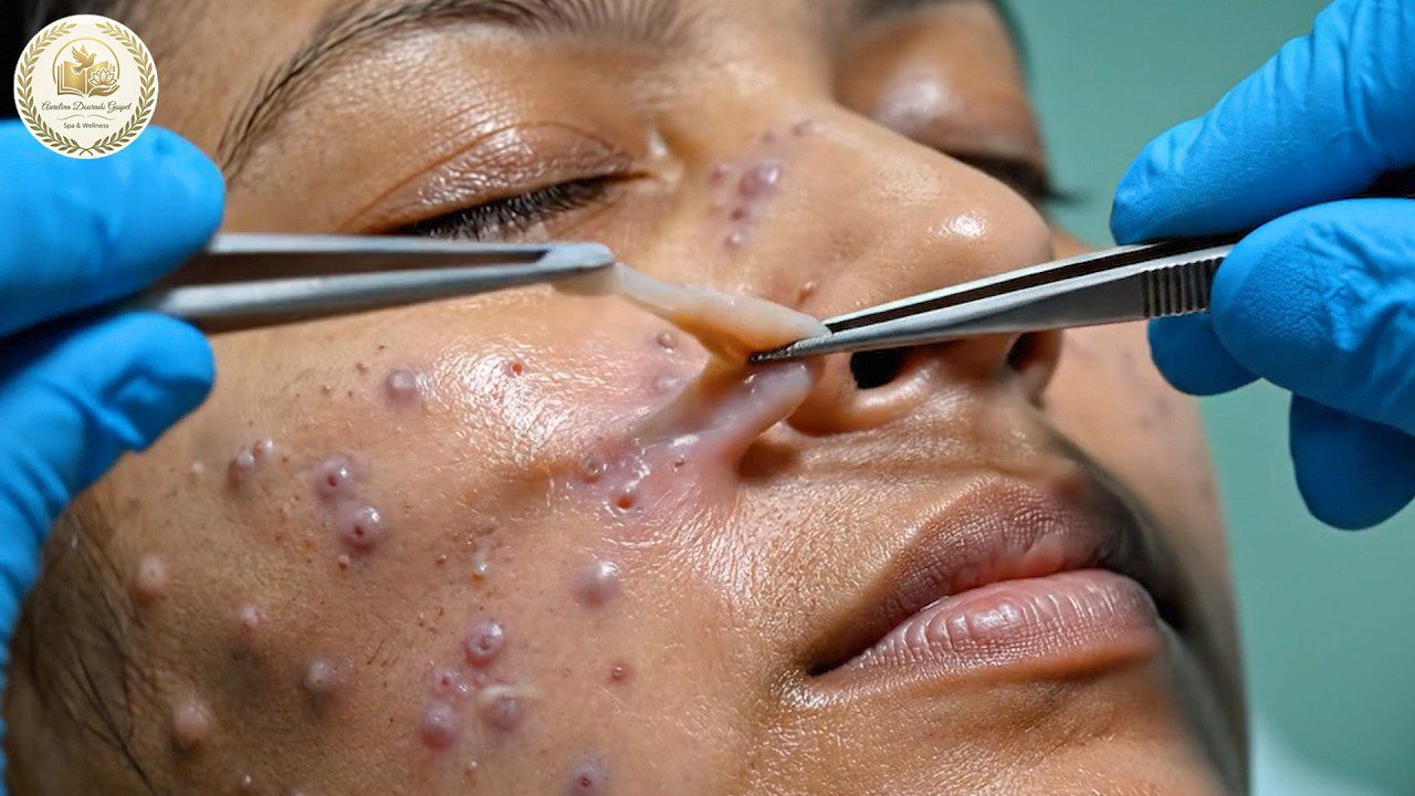 Medikas su pirštinėmis išima uždegiminį spuogelį nuo paciento skruosto ir nosies srities.