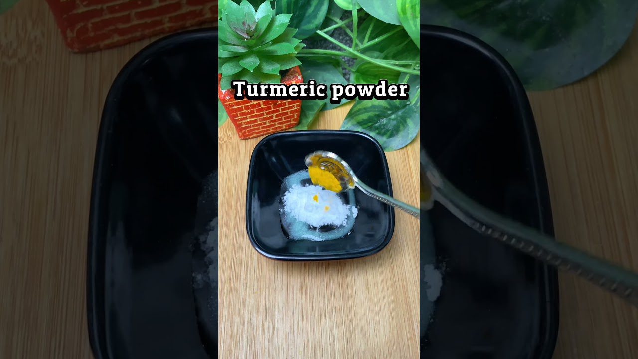 Juodas indelis su soda ir šaukštelis deda ciberžolės miltelius, augalai fone