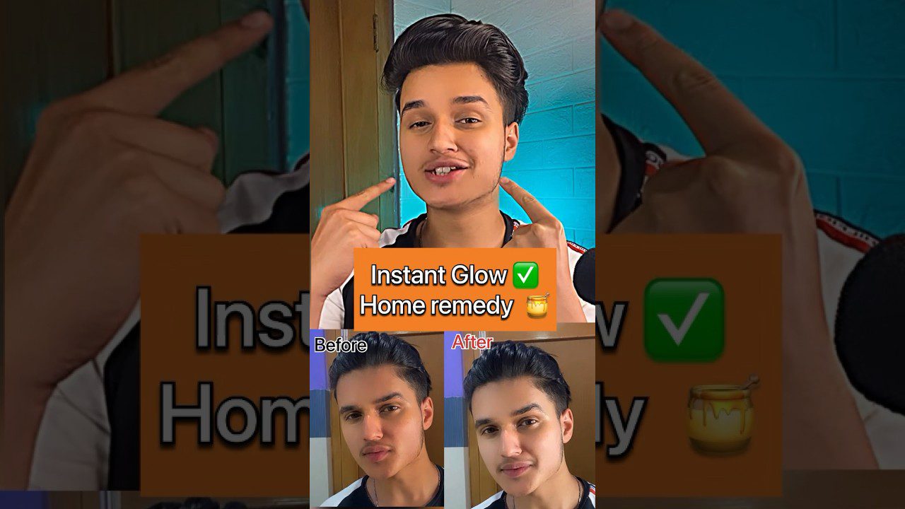 Jaunas vyras rodo veidą ir lygina „prieš“ ir „po“ odos švytėjimo rezultatus.