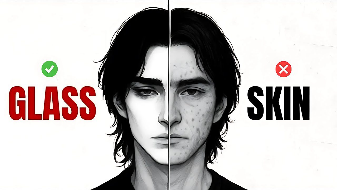 Veidas padalytas per pusę: kairė lygi „glass“ oda, dešinė su spuogais ir žyme „skin“.