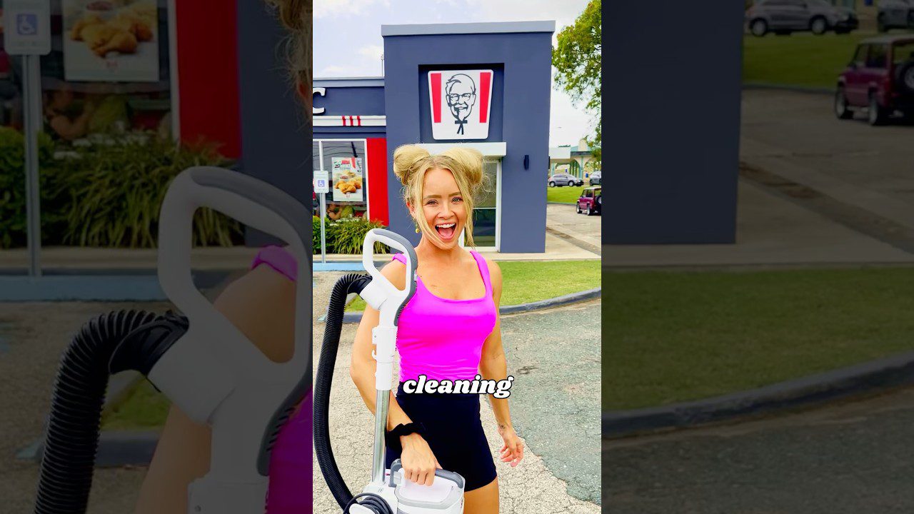 Jauna moteris ryškiai rožiniais marškinėliais laiko dulkių siurblį prieš KFC restoraną.