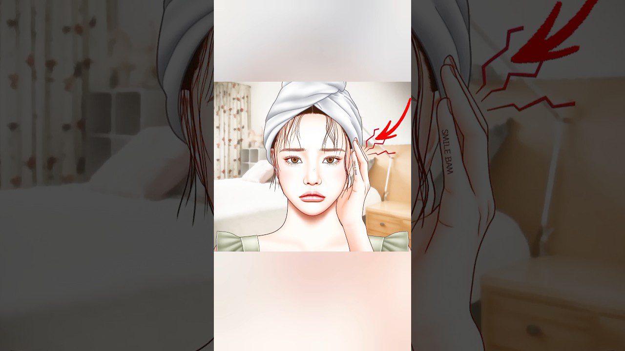 Mergina su ranka prie smilkinių ir rankšluosčiu ant galvos, rodoma galvos skausmo vieta.