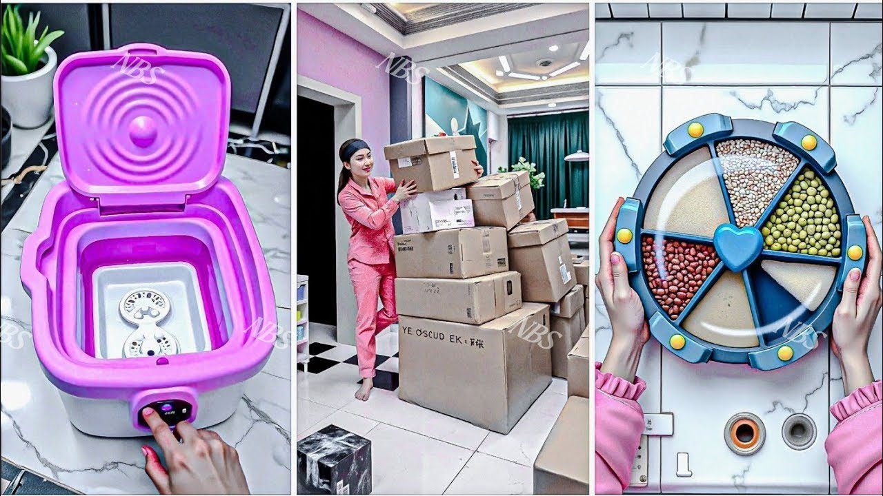 Kairėje sulankstomas rožinis indas, centre moteris nešanti dėžes, dešinėje dėžučių saugykla su vaisiais