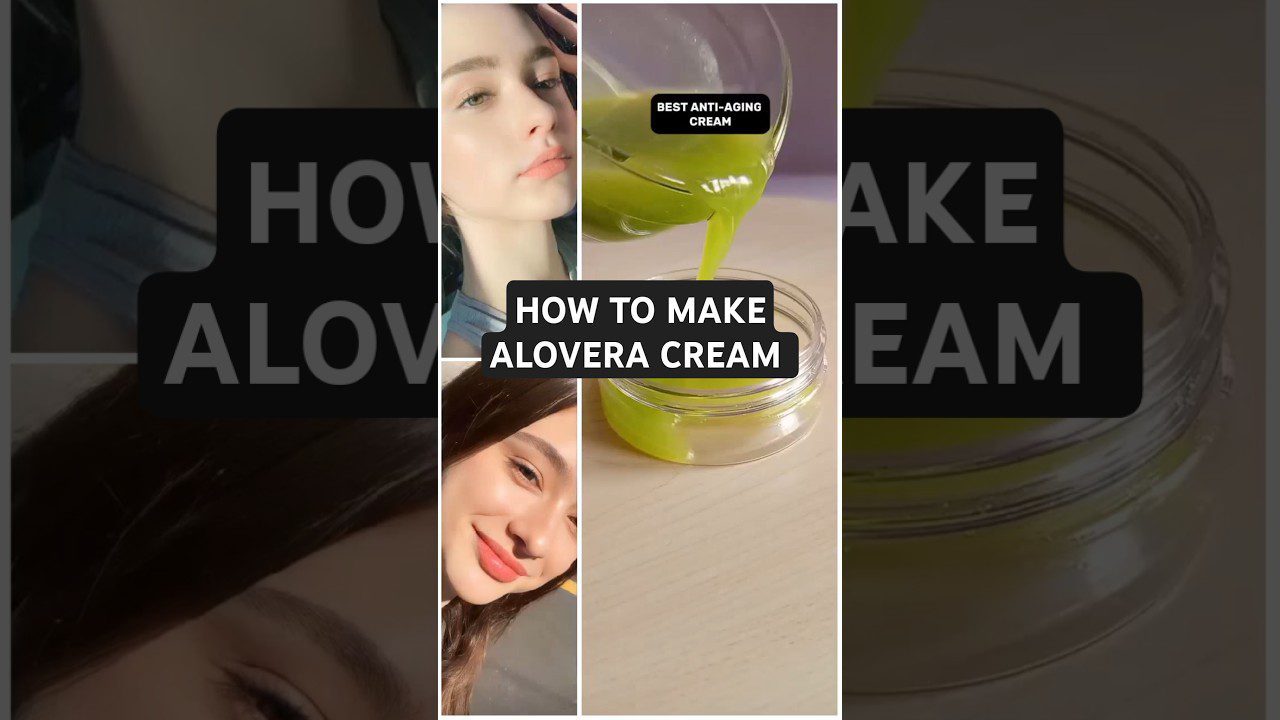 Žalia alavijo kremas pilamas į stiklinį indelį, šalia veido priežiūros nuotraukos ir užrašas „Kaip pasigaminti“