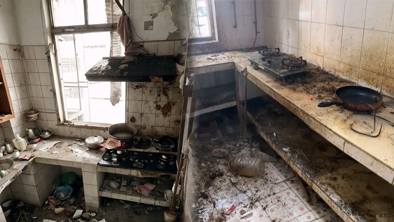 Apleista ir nešvari virtuvė su nešvariais viryklės degikliais, keptuve ir išmėtytais indais.