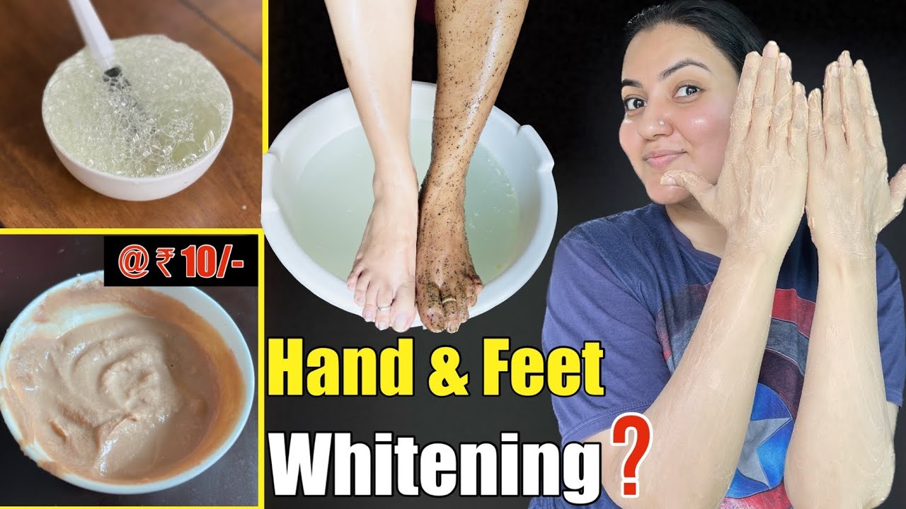 Moteris rodo rankas ir kojas po šveitimo procedūros, indai su priemonėmis šalia