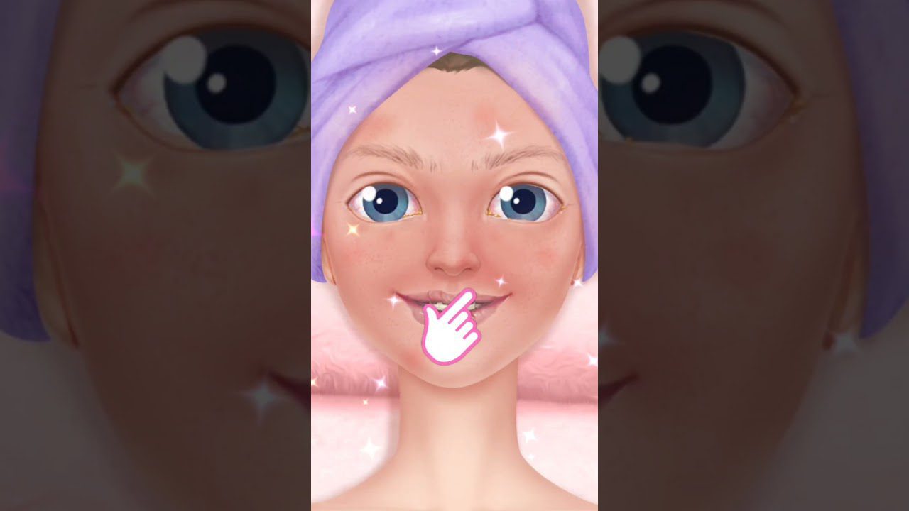 Animuota moters veido iliustracija su mėlynomis akimis, violetiniu rankšluosčiu ant galvos ir piršto piktograma prie lūpų