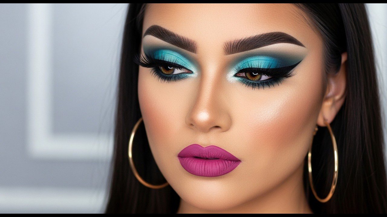 Moteris su ryškiu melsvu akių makiažu, ilgomis blakstienomis ir violetinėmis lūpomis