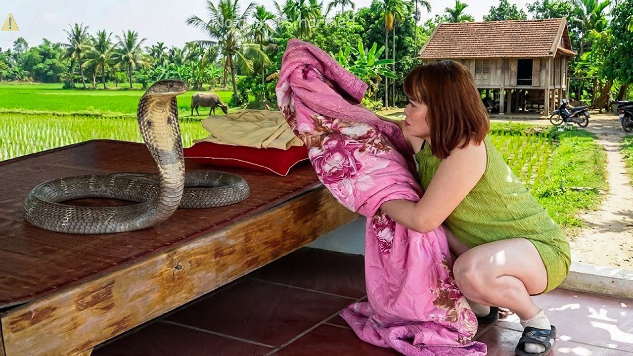 Moteris ant pakylos atsargiai priartėja prie pakilusio kobros gyvate apklote