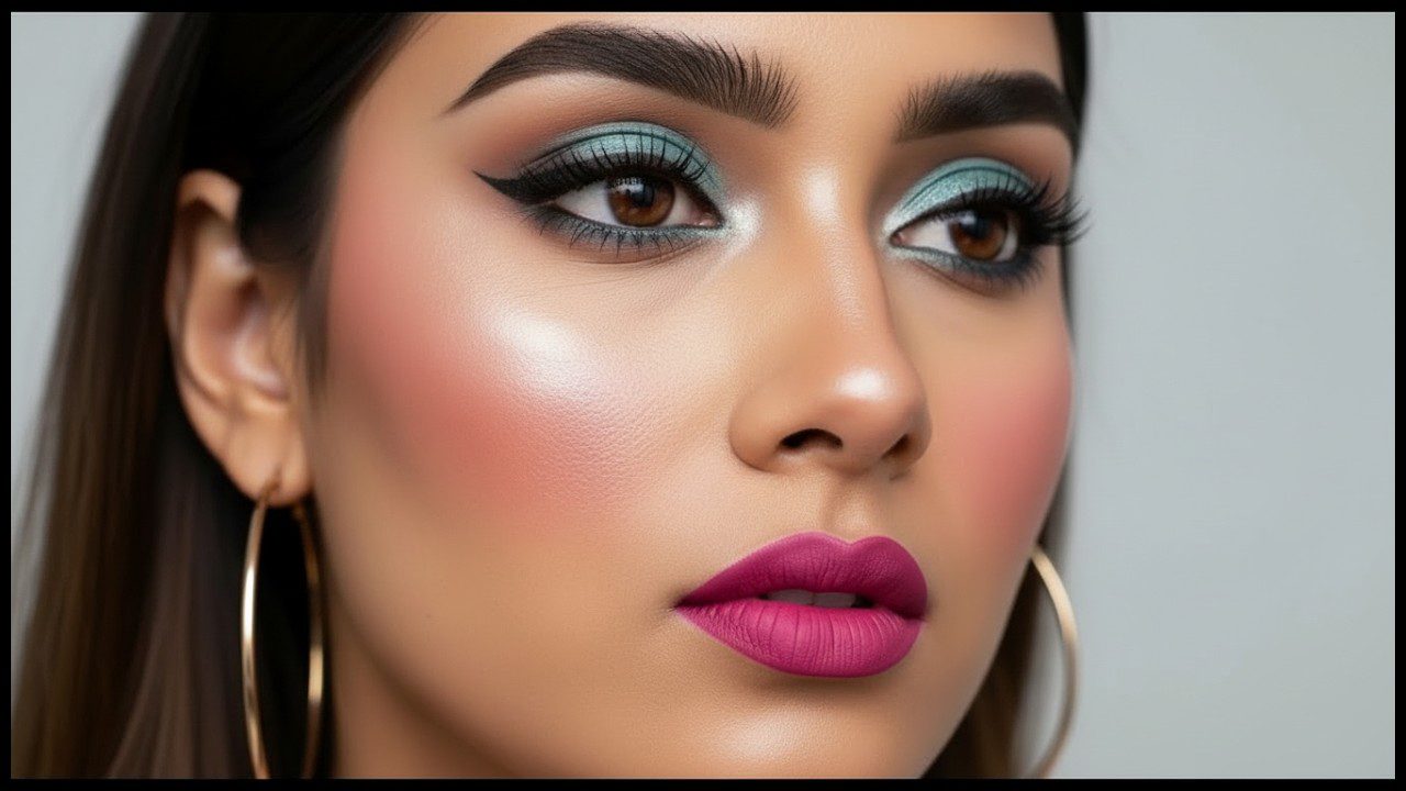 Moteris su turtingu mėlynu akių šešėliu, ryškiai rožinėmis lūpomis ir aukso žiedais