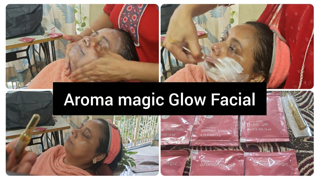 Moteriai atliekama veido procedūra su kremu ir aplikatoriumi, matomi „Aroma magic Glow Facial“ paketėliai