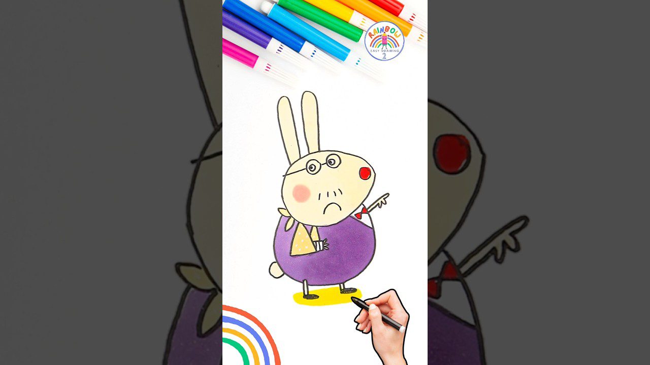 Linksmas triušiukas su akiniais, purpurine suknele ir spalvotais pieštukais fone