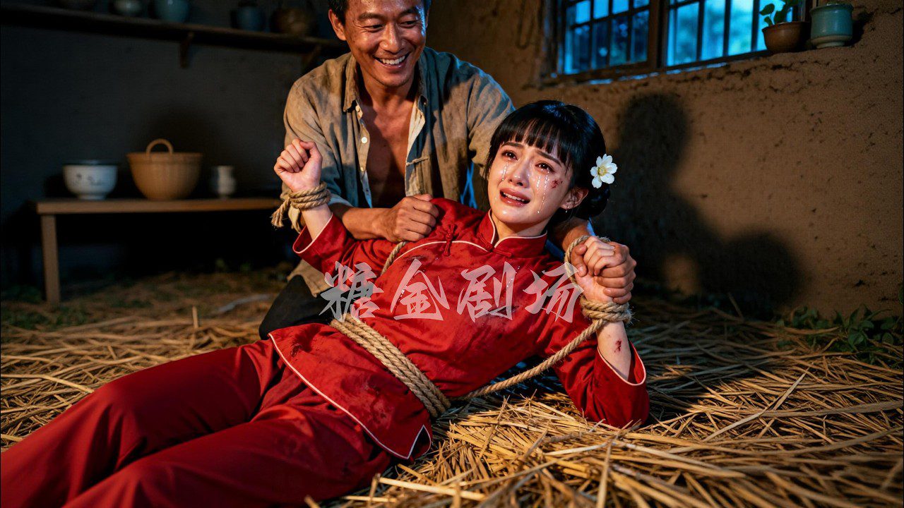 Mergina raudonais rūbais su surištomis rankomis verkia, šalia vyras šypsosi ir laiko ją roja