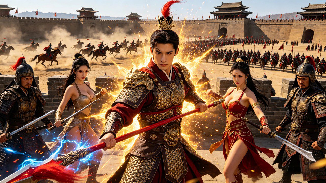 Imperatorius kariuomenės vadas su raudona šarvų lazdą, kariai užtvaroje ir žirgai.