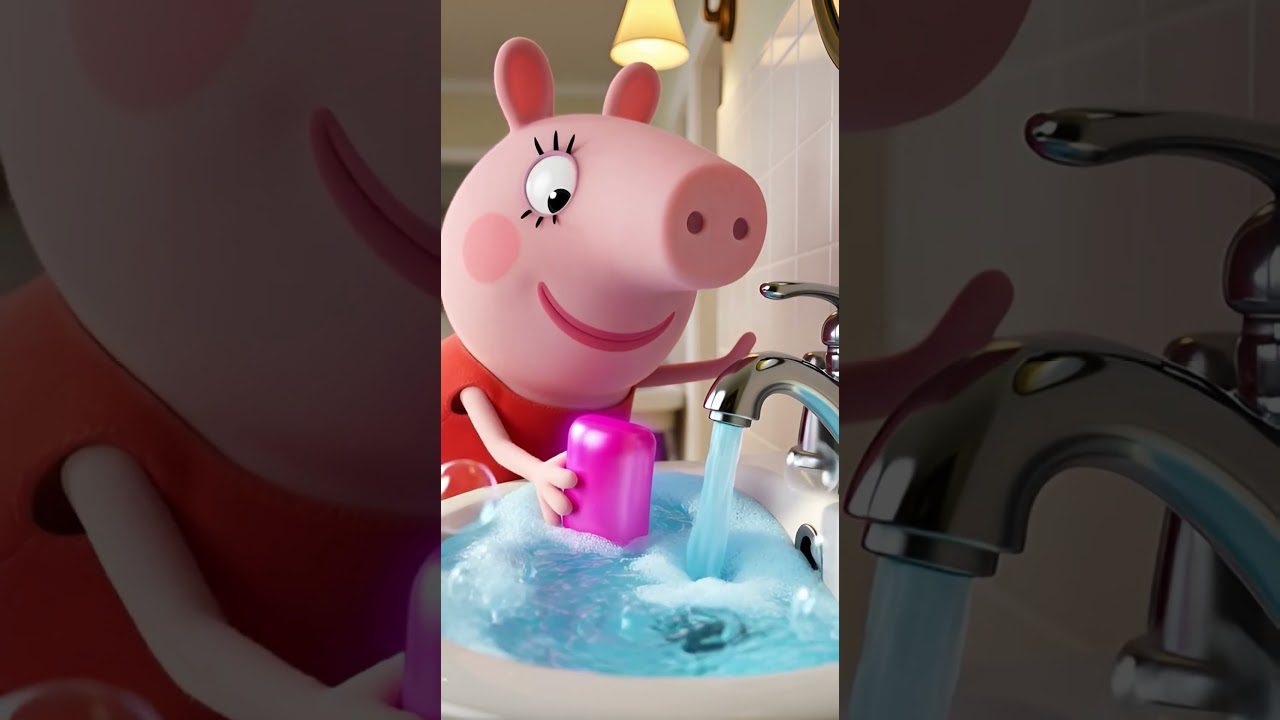 Rožinė kiaulytė plauna rankas muilu prie kriauklės su tekančiu vandeniu