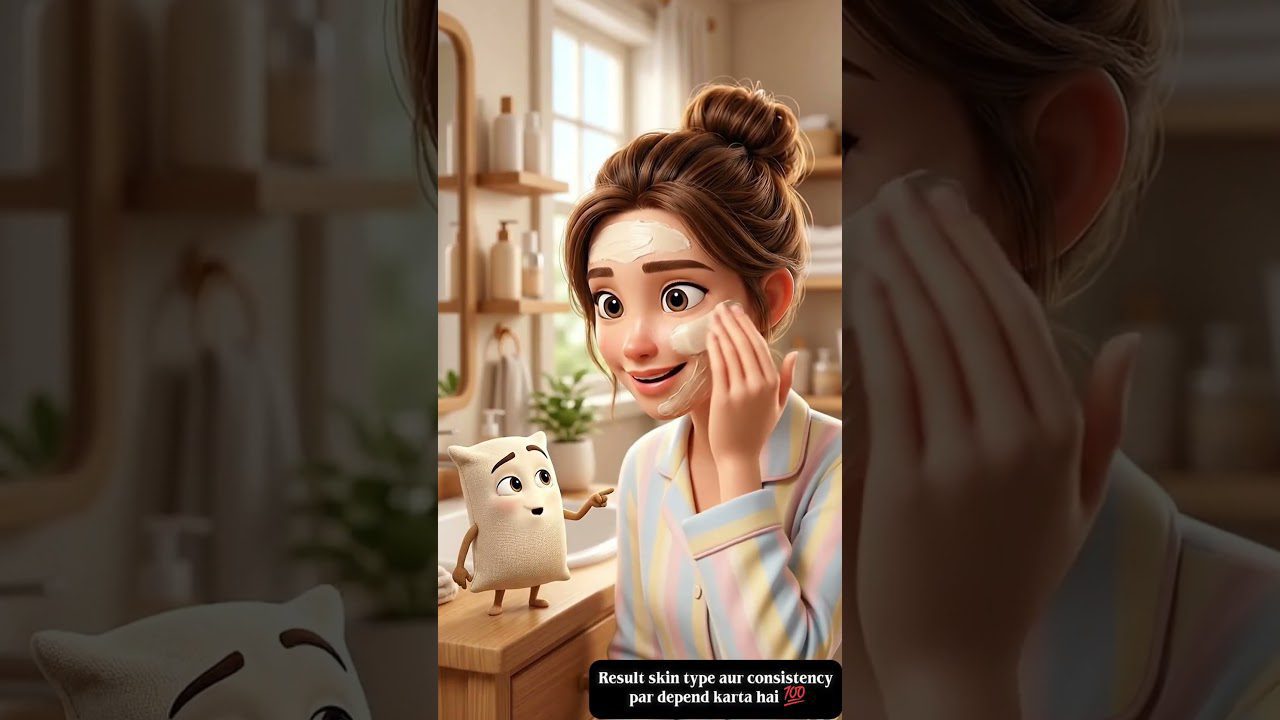 Jauna moteris vonios kambaryje tepasi veido kaukę, šalia žaismingas pagalvėlės personažas