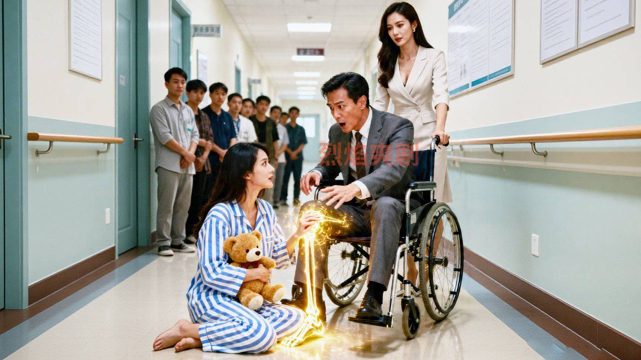 Vyro veiksmo su žiburiančia šviesa prie kojos, moteris vežimėlyje ir pacientė su meškiuku koridoriuje