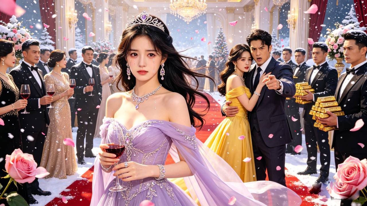 Jauna moteris su tiara ir violetine suknele laiko vyno taurę prabangioje salėje.