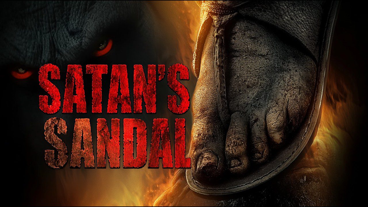 raudoni žiežirbų akys, degantis fonas ir purvina sandala su plika koja